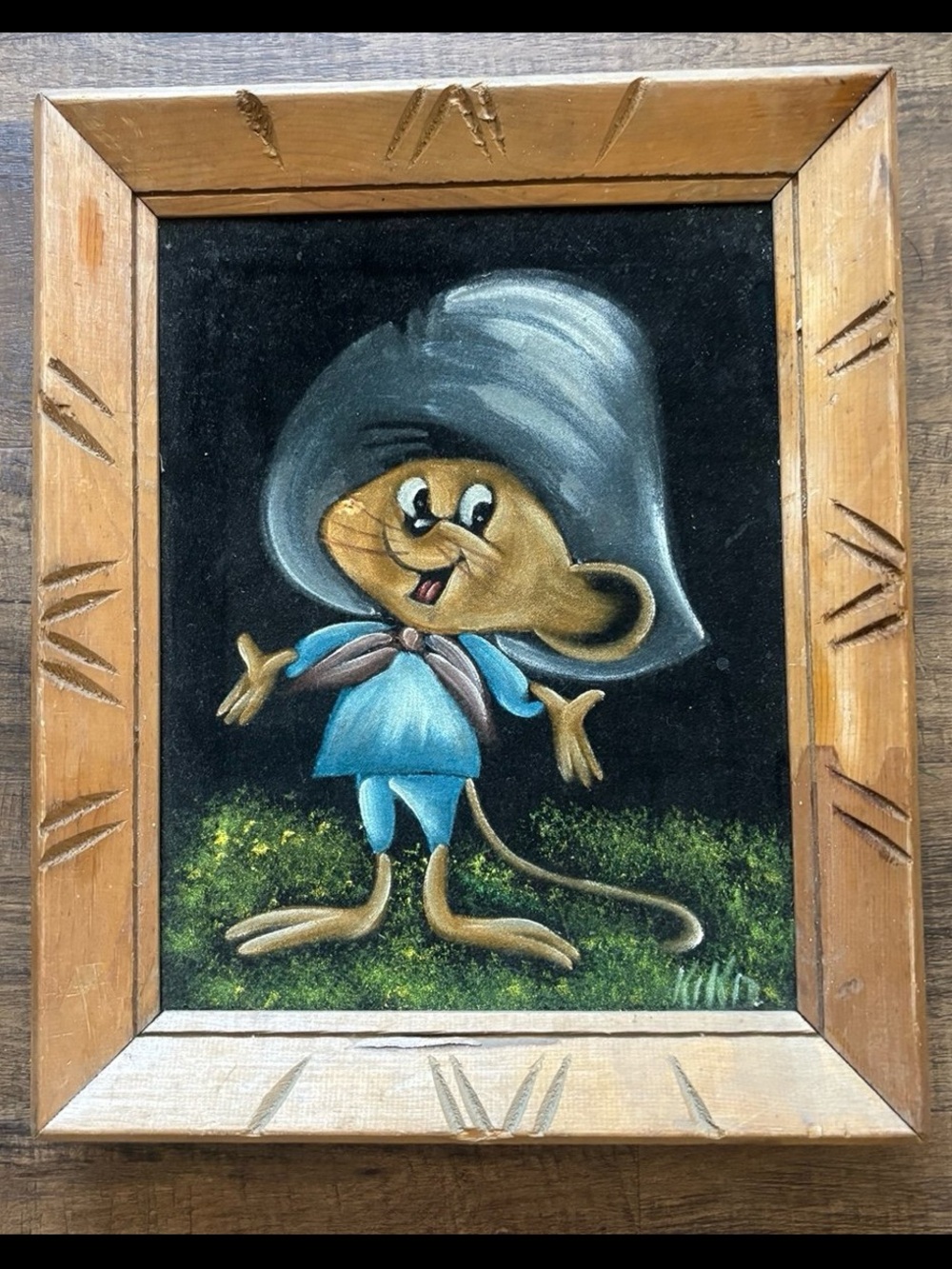 VINTAGE SPEEDY GONZALES BLACK VELVET SIGNED PAINTING FRAMED RARE LOONEY TUNES
